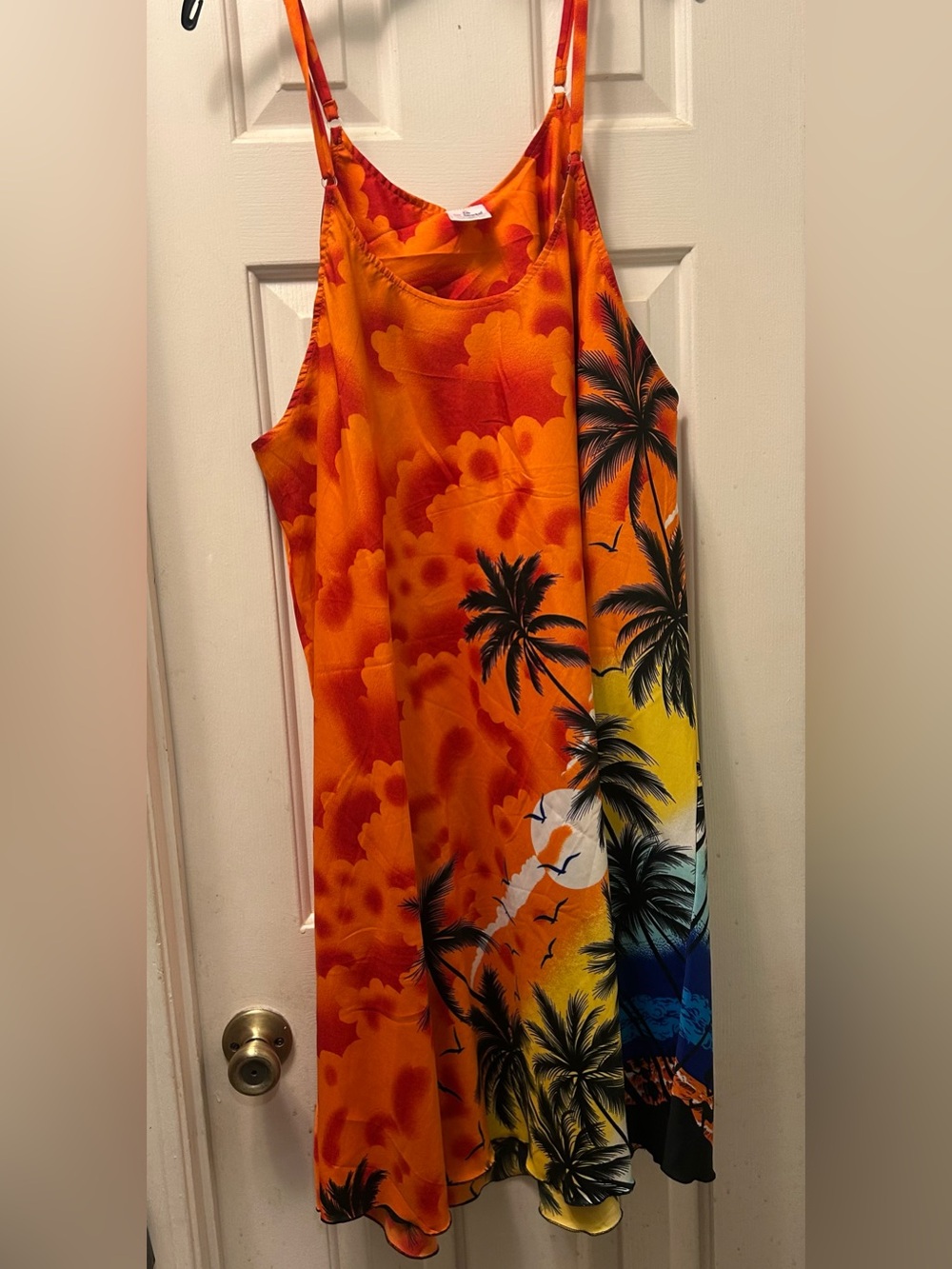 Tropical Sunset Palm Print Slip Dress - Bright Orange & Multicolor